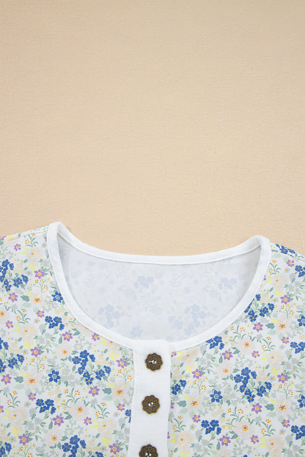 Sky Blue Floral Print Crinkle Patchwork Henley Blouse