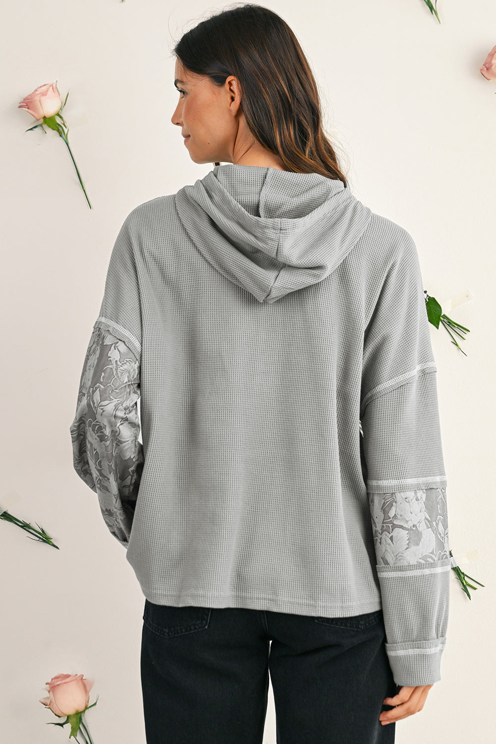 Gray Waffle Patchwork Drawstring Hooded Long Sleeve Top