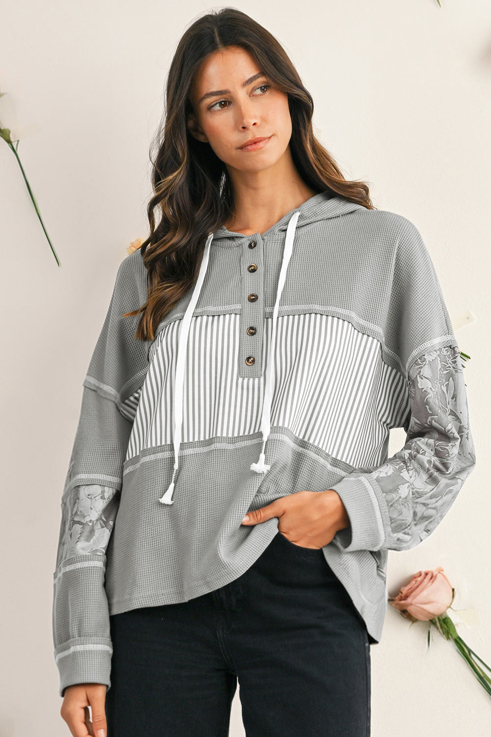 Gray Waffle Patchwork Drawstring Hooded Long Sleeve Top