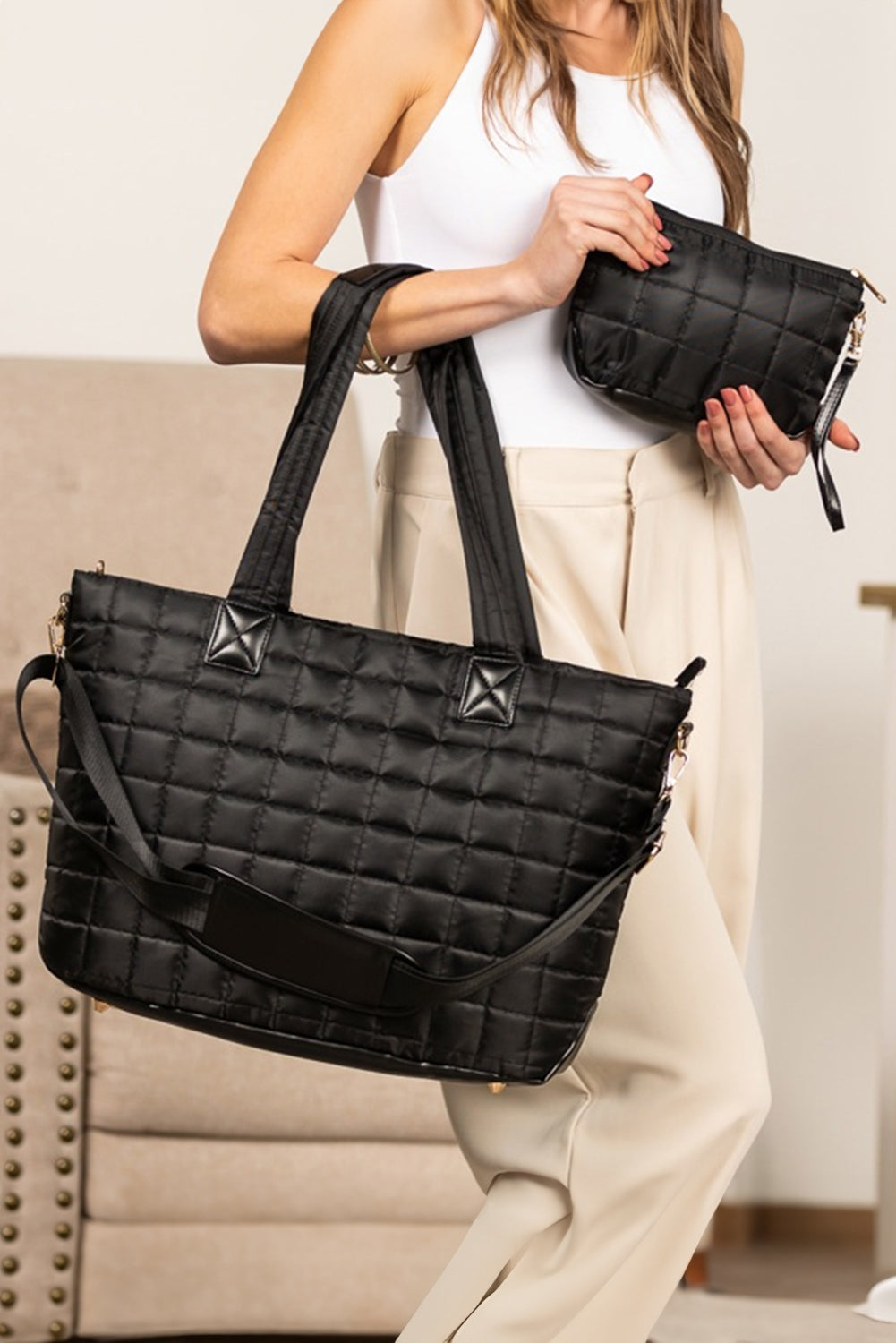 Camel Quilted Patchwork Large Tote Bag and Clutch 2pcs Set