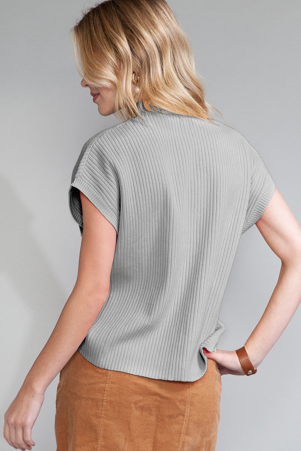 Dark Blue Patch Pocket Ribbed Knit Short Sleeve Sweater