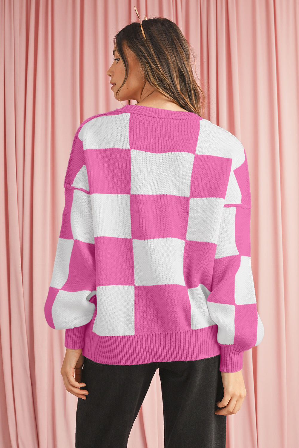 Dark Brown Plaid Bishop Sleeve Pullover Sweater