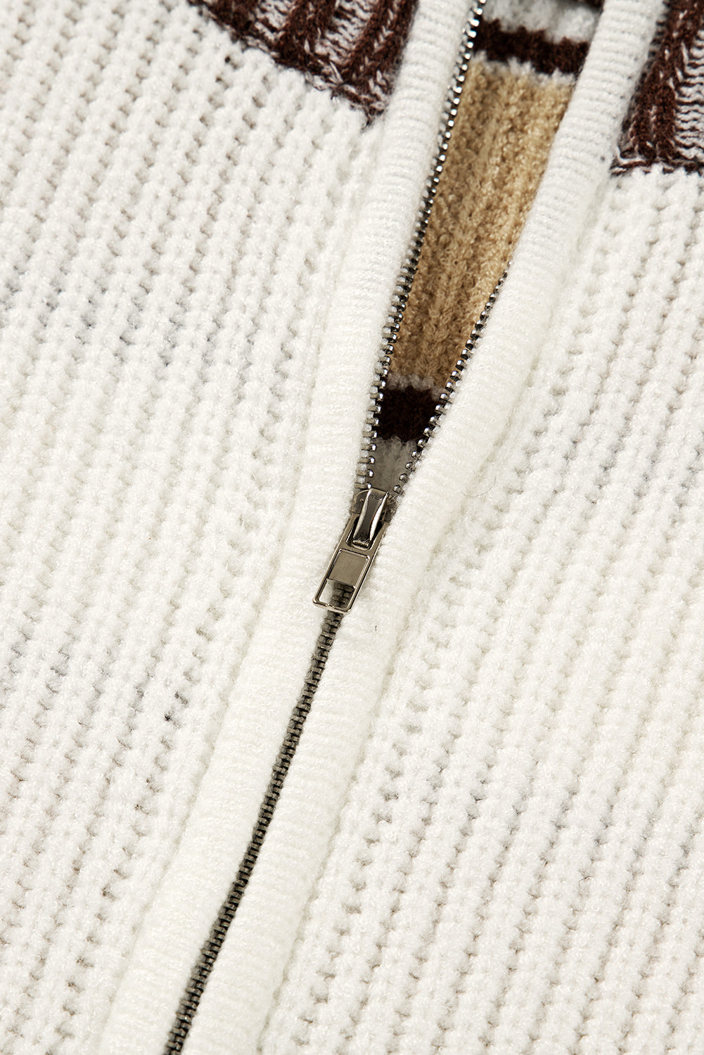 Khaki Striped Colorblock Zip Neck Knit Sweater