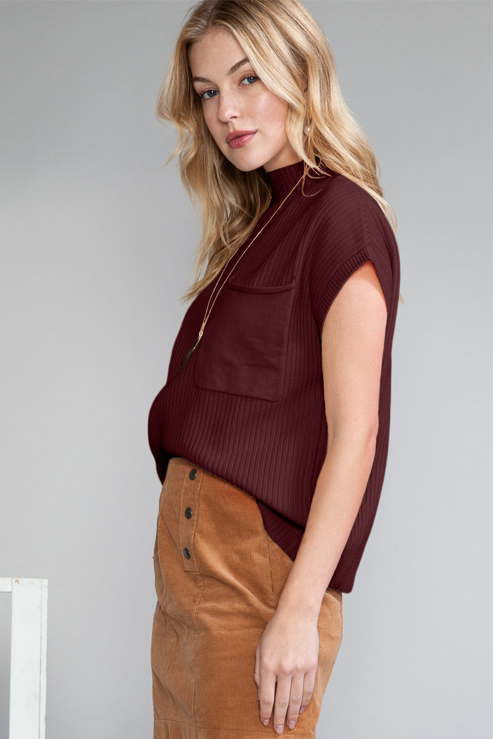 Dark Blue Patch Pocket Ribbed Knit Short Sleeve Sweater