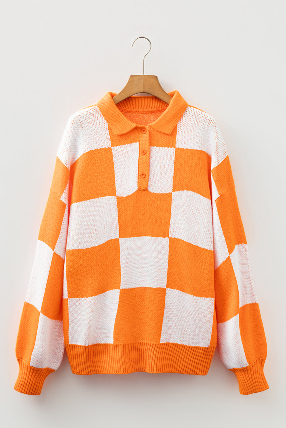 Light French Beige Checkered V-Neck Collared Pullover Sweater