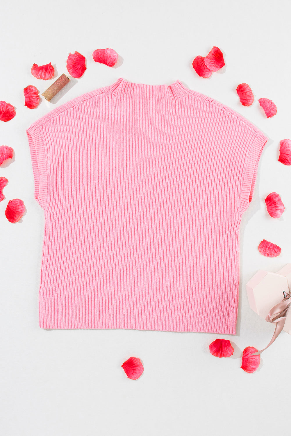 Dark Blue Patch Pocket Ribbed Knit Short Sleeve Sweater