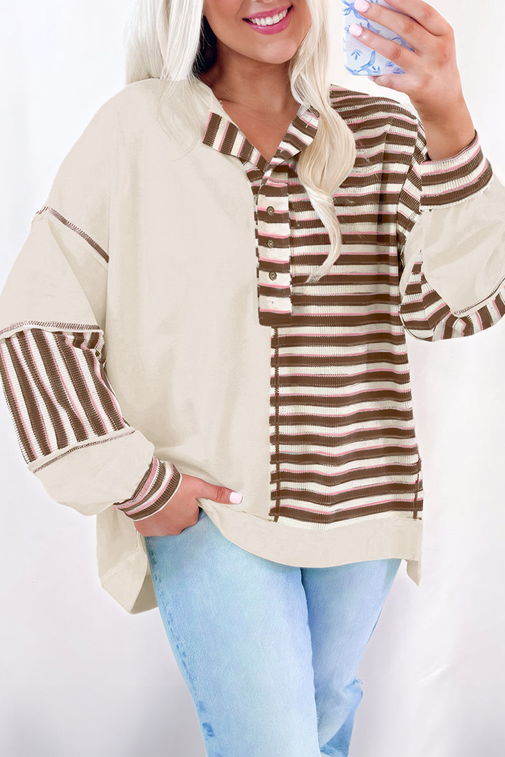 Pink Striped Patchwork Oversized Pullover Top
