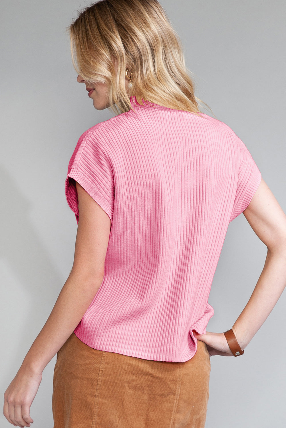 Dark Blue Patch Pocket Ribbed Knit Short Sleeve Sweater