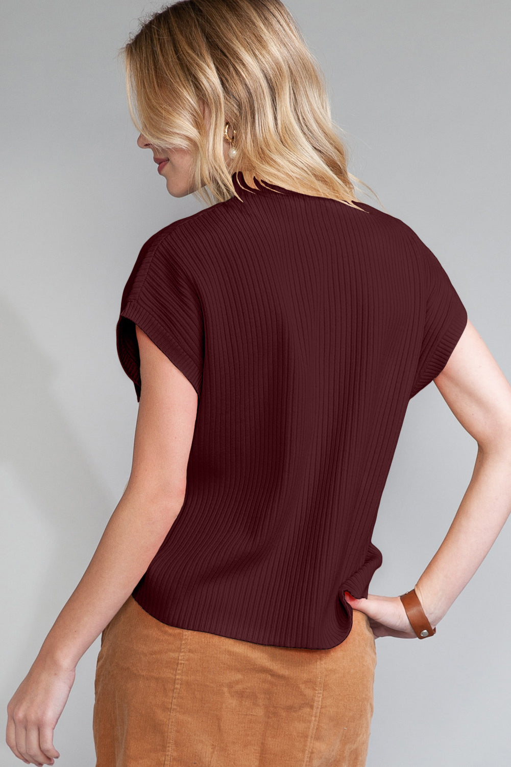 Dark Blue Patch Pocket Ribbed Knit Short Sleeve Sweater