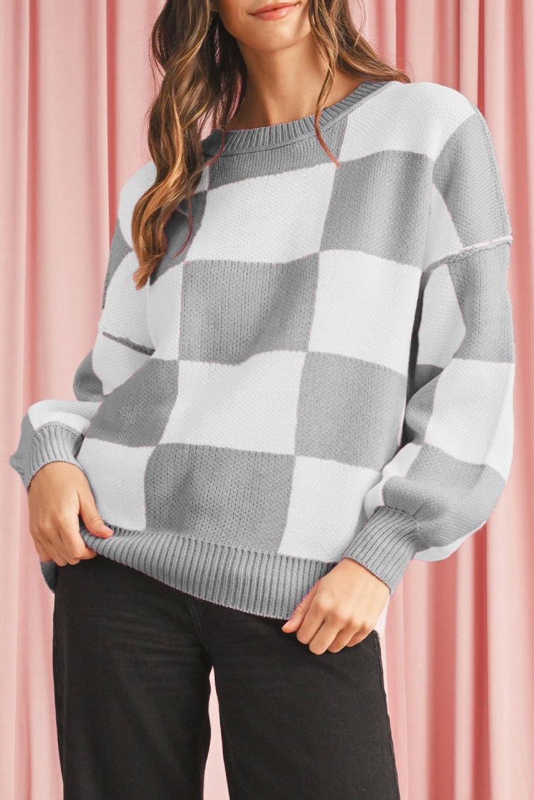 Dark Brown Plaid Bishop Sleeve Pullover Sweater
