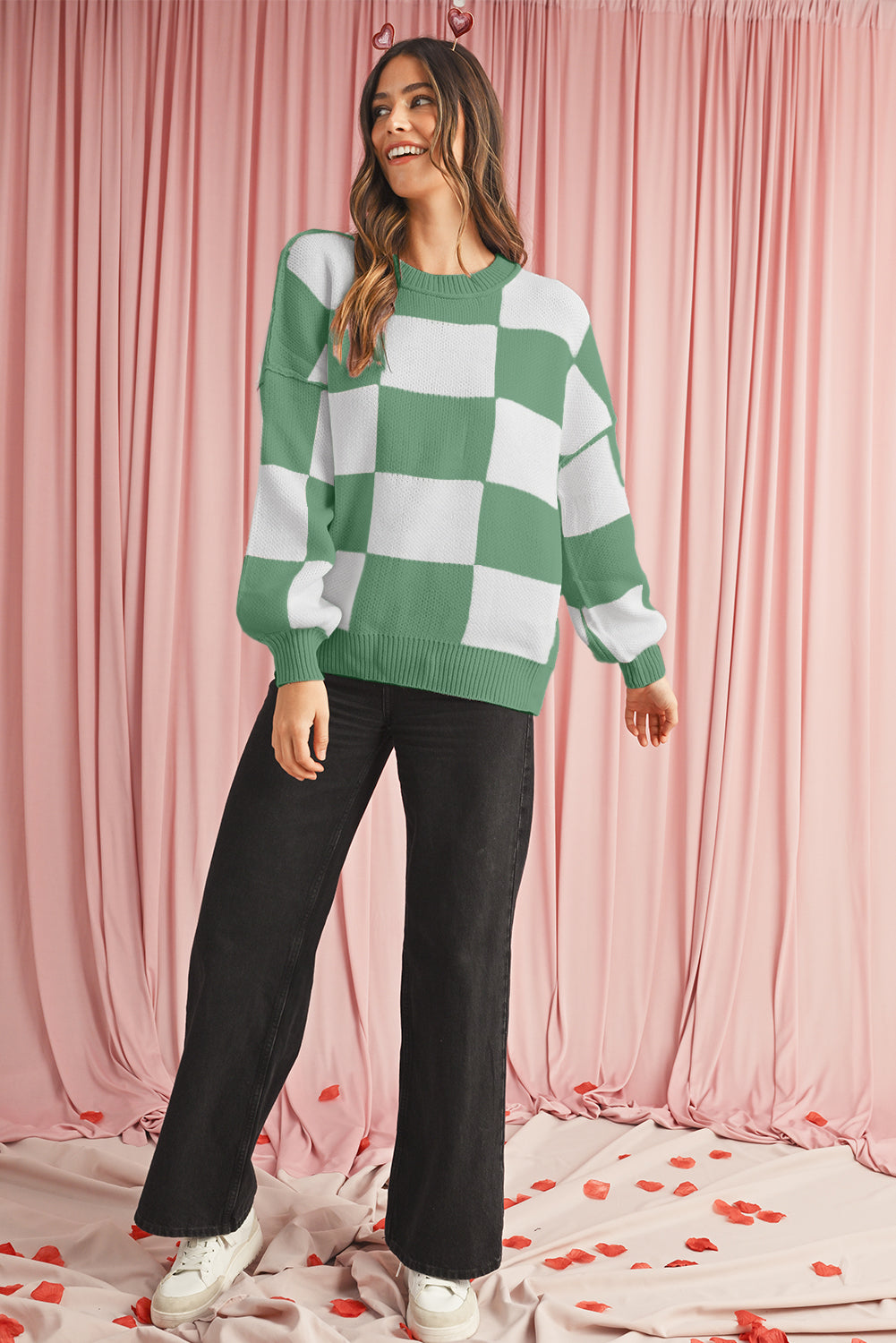 Dark Brown Plaid Bishop Sleeve Pullover Sweater
