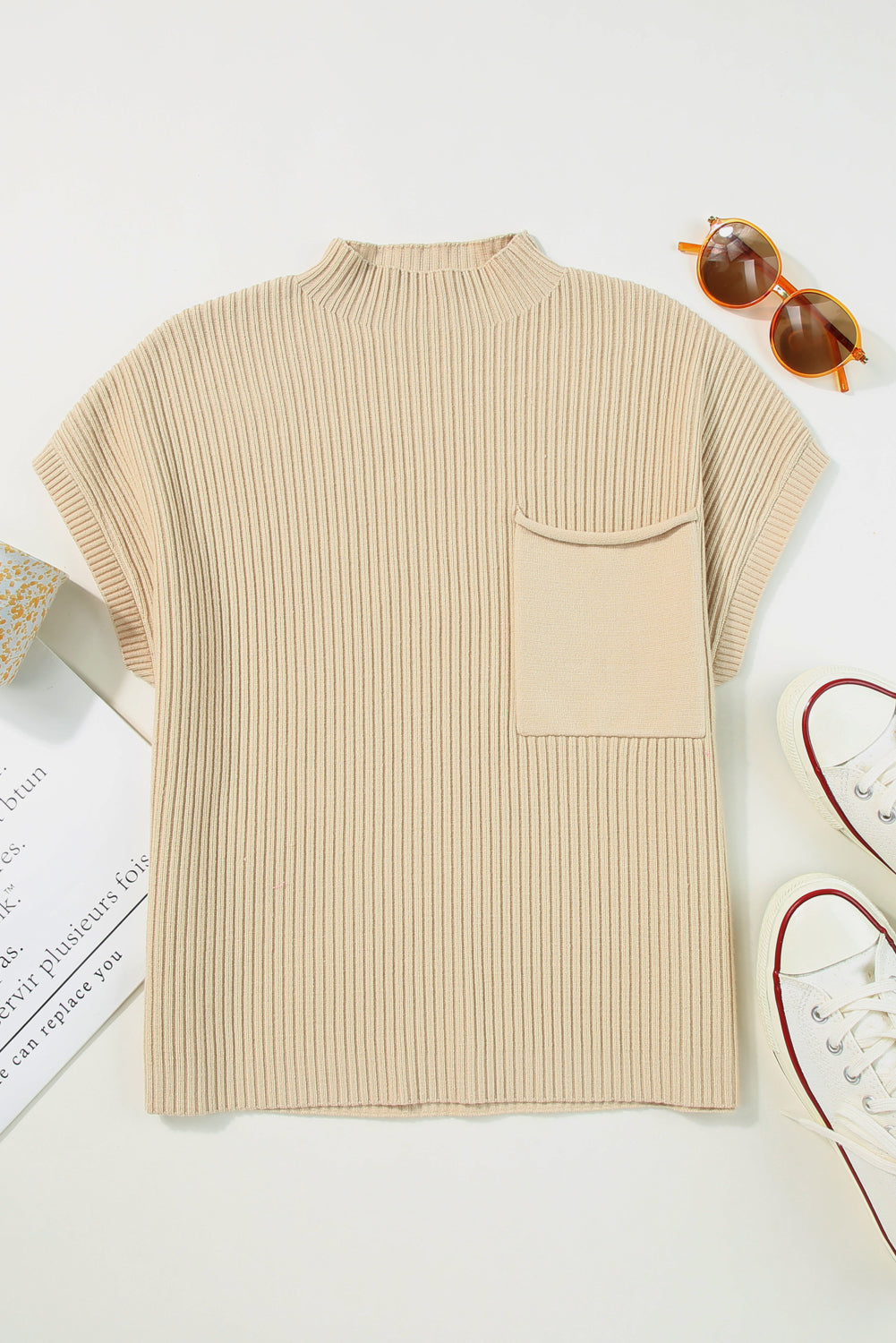 Dark Blue Patch Pocket Ribbed Knit Short Sleeve Sweater