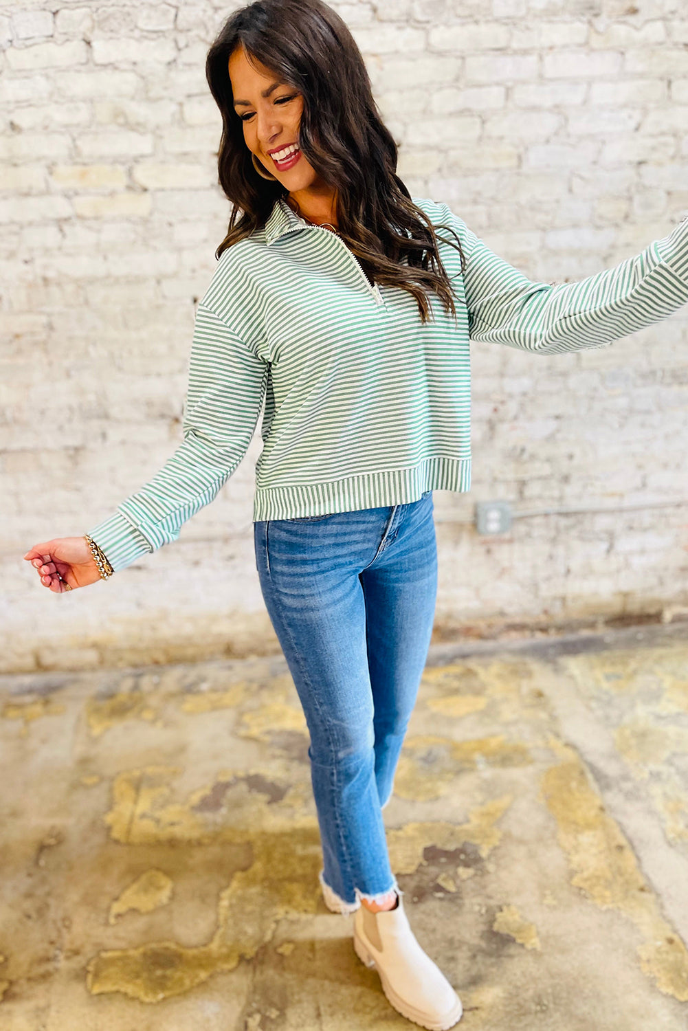 Green Stripe Quarter Zip Collar Long Sleeve Top