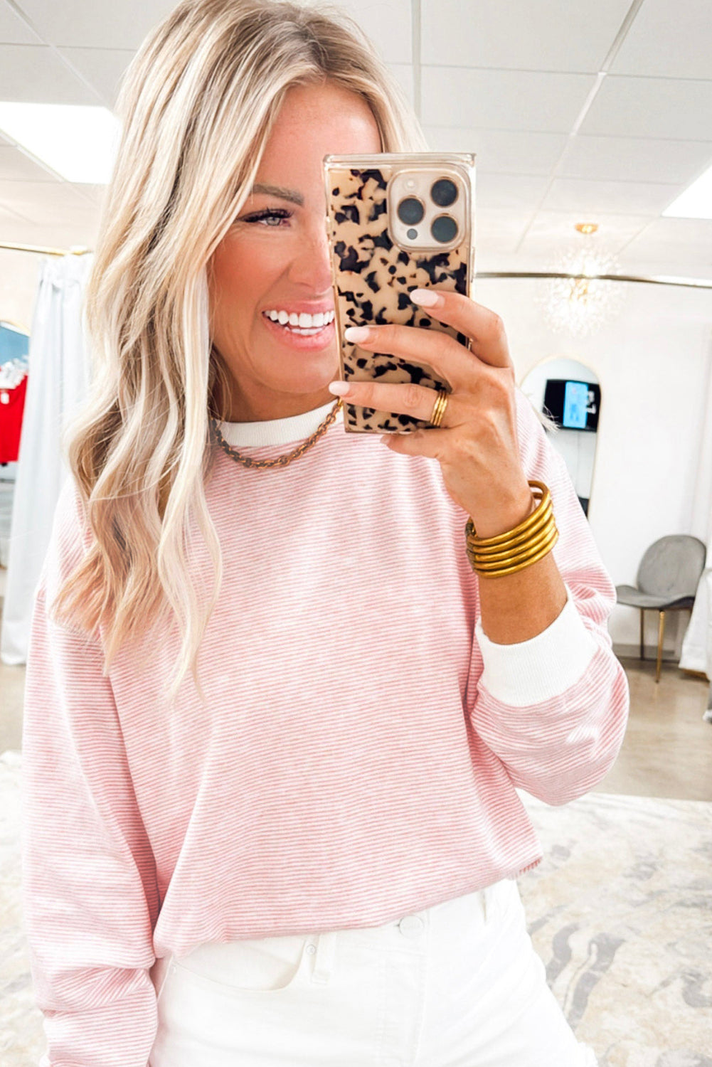 Pink Stripe Contrast Edge Patchwork Long Sleeve Top