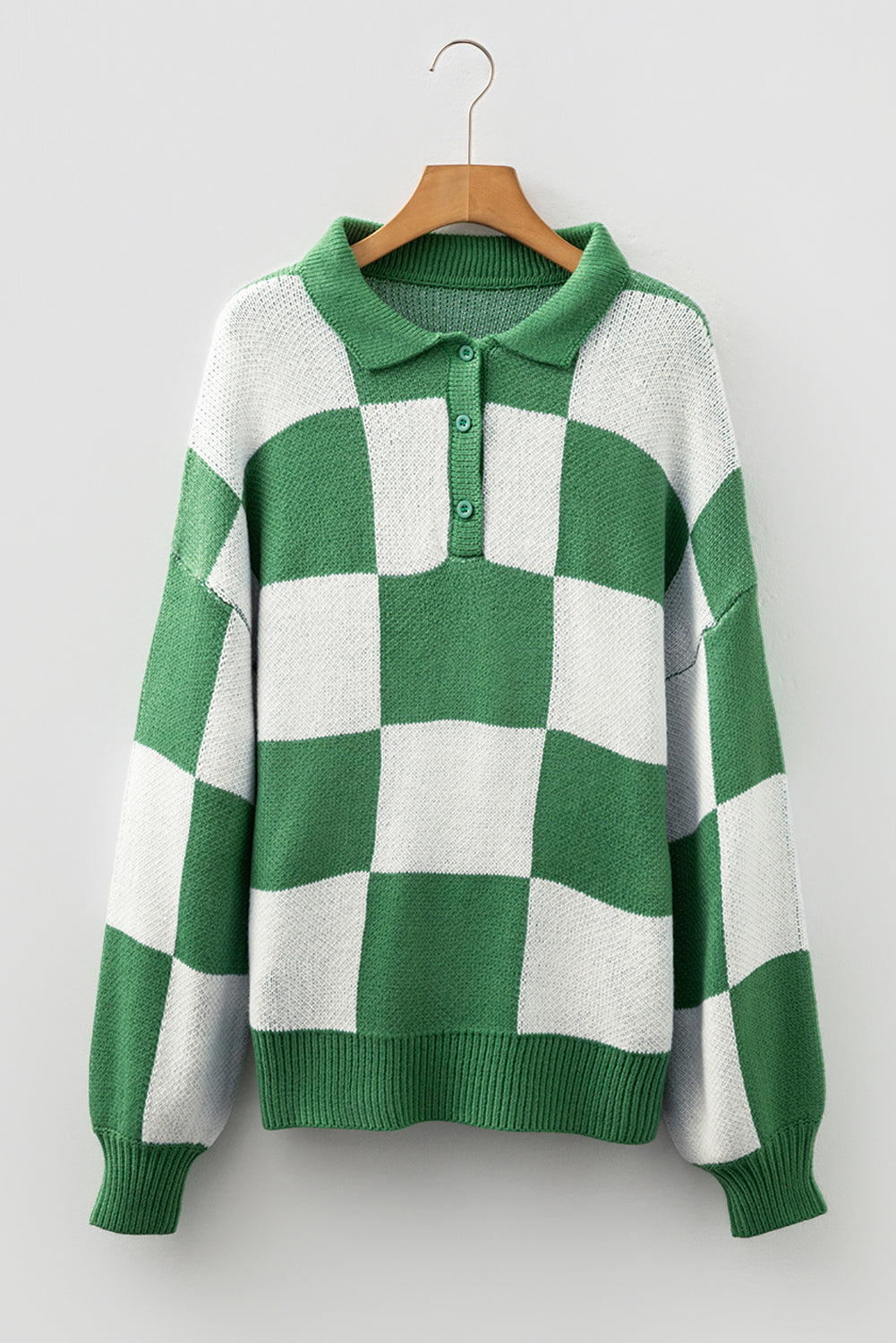 Light French Beige Checkered V-Neck Collared Pullover Sweater