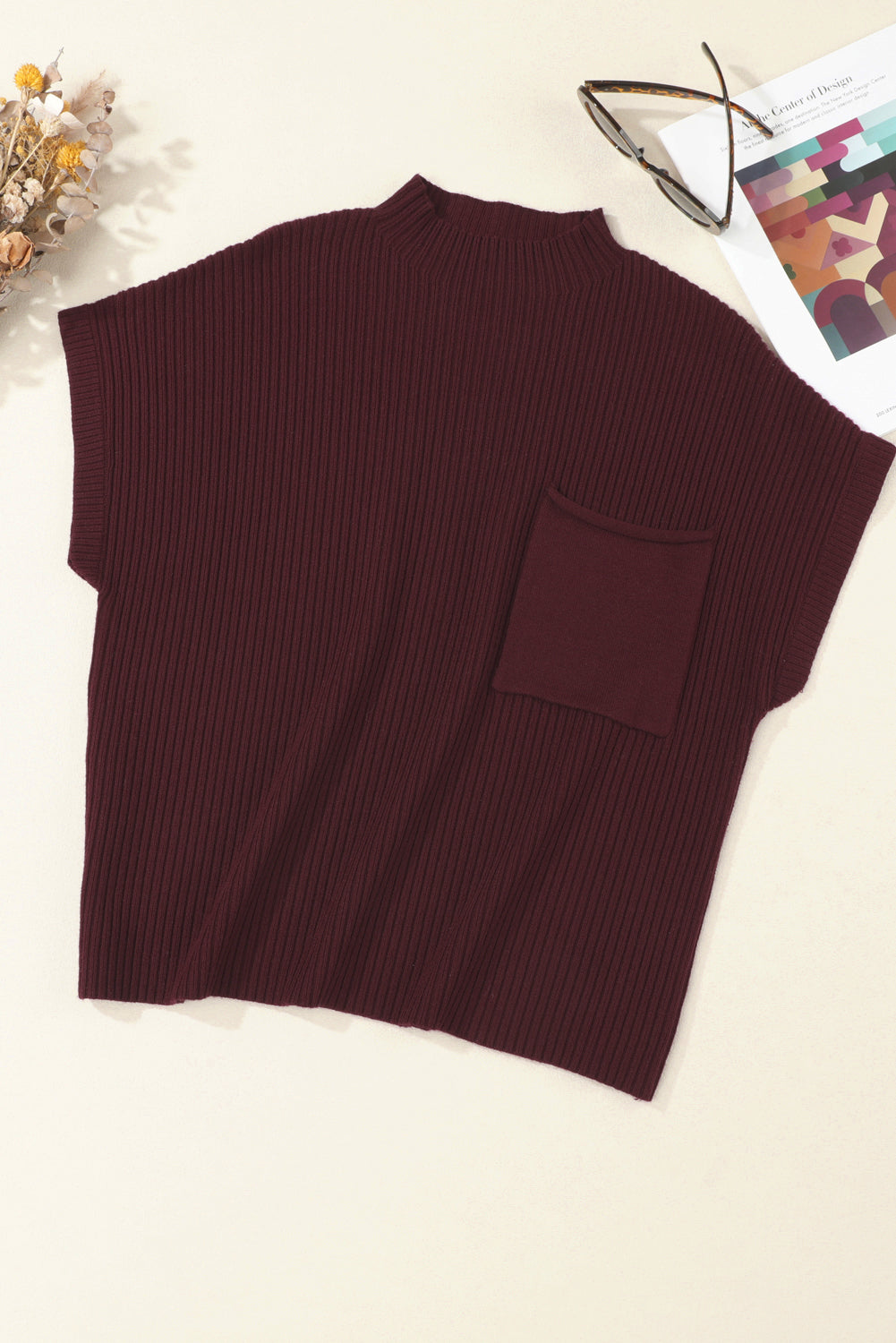 Dark Blue Patch Pocket Ribbed Knit Short Sleeve Sweater