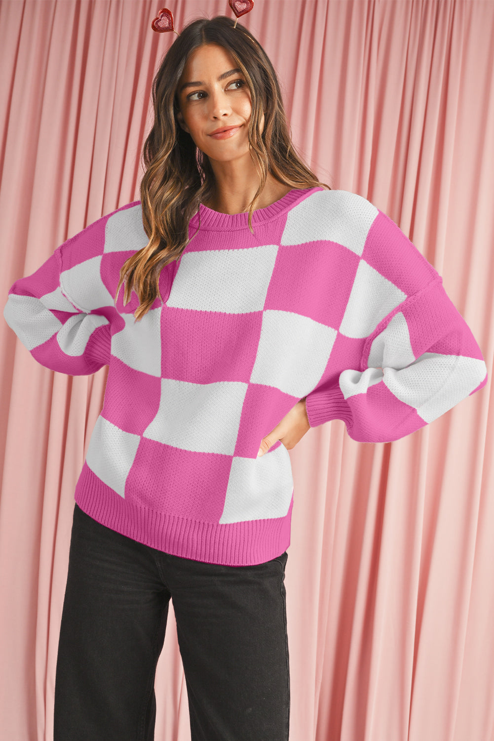 Dark Brown Plaid Bishop Sleeve Pullover Sweater