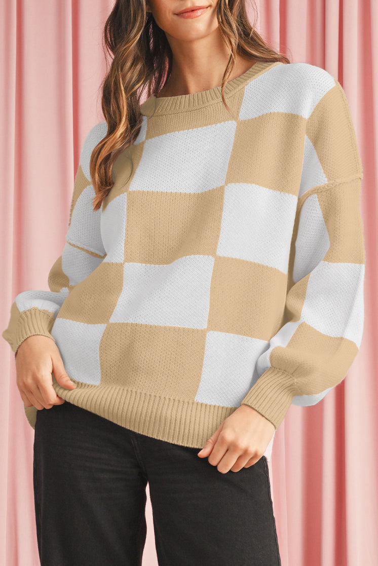 Dark Brown Plaid Bishop Sleeve Pullover Sweater