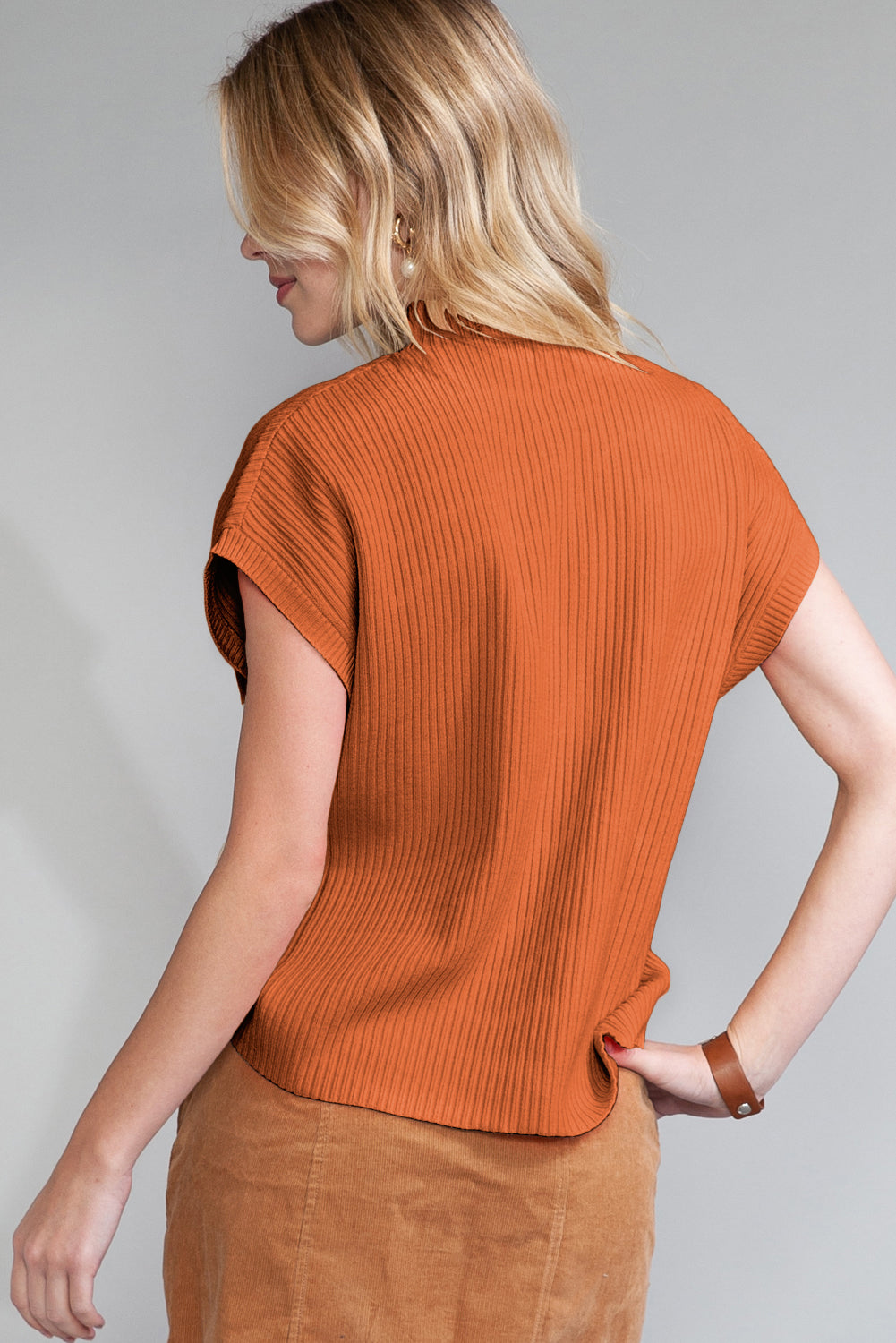 Dark Blue Patch Pocket Ribbed Knit Short Sleeve Sweater