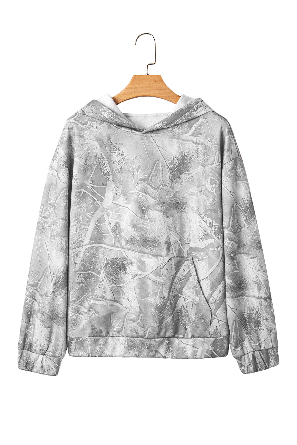 Gray Camouflage Maple Leaf Print Kangaroo Pocket Oversized Hoodie
