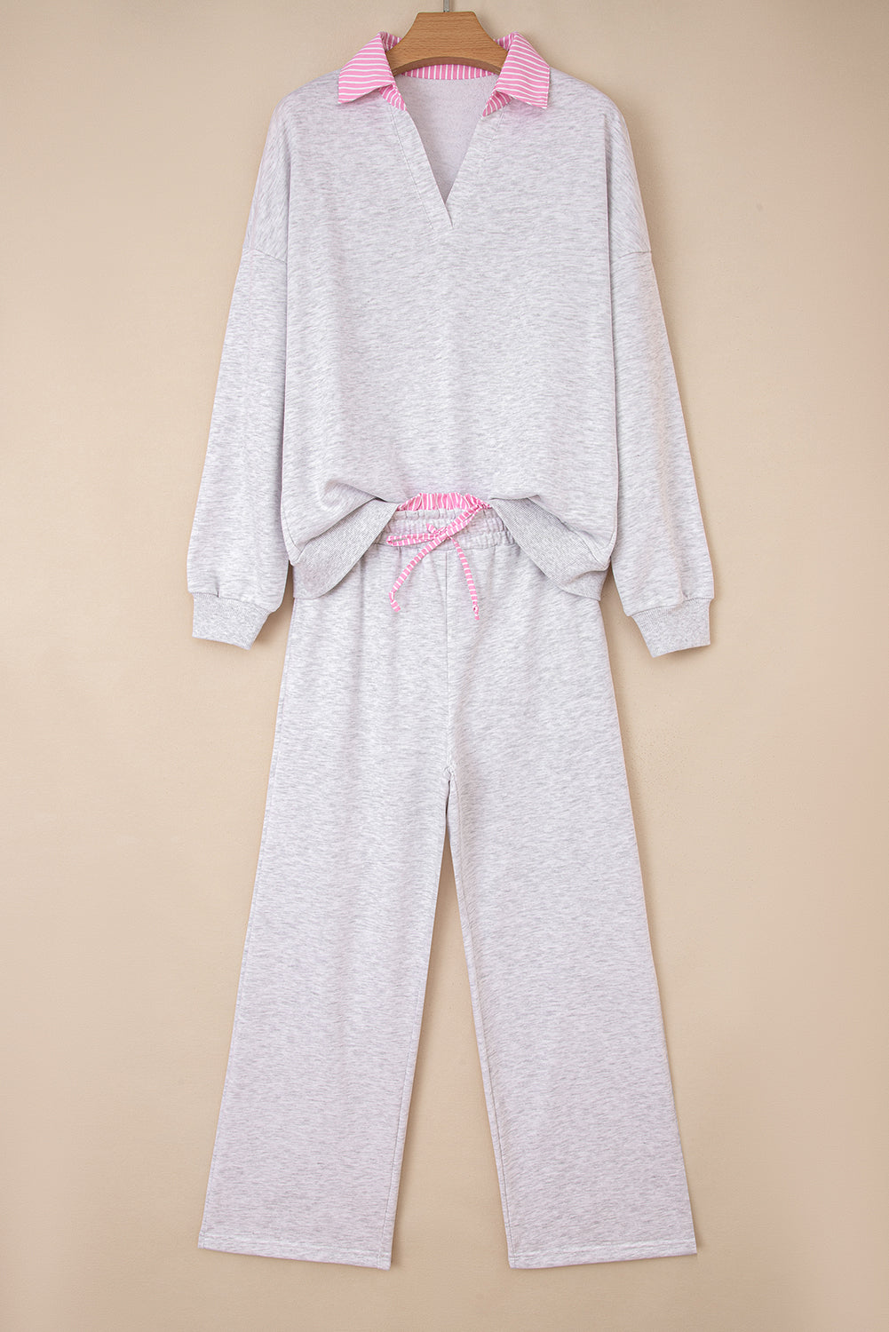 Light Grey Stripe Patchwork Loose Long Sleeve Top Drawstring Waist Pants Set