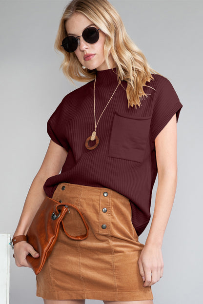 Dark Blue Patch Pocket Ribbed Knit Short Sleeve Sweater