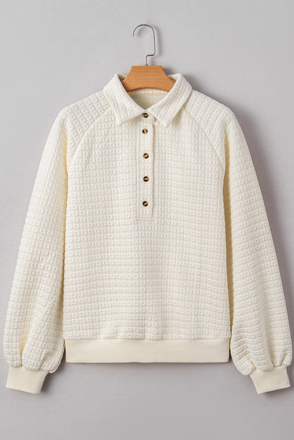 Beige Balloon Sleeve Casual Collared Button Sweatshirt
