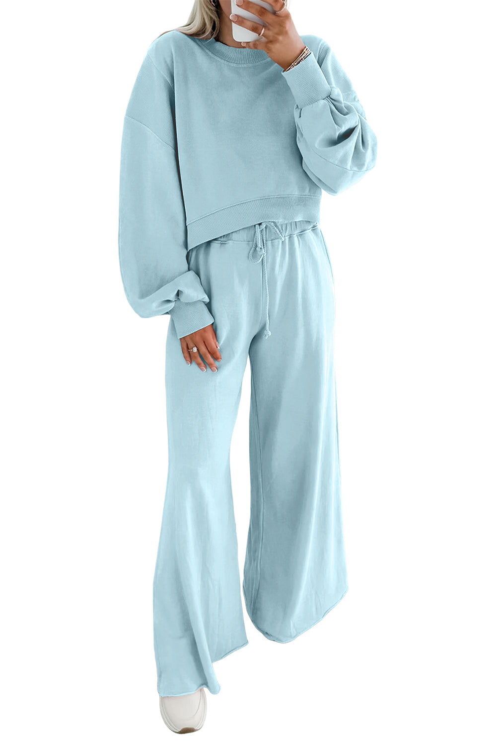 Light Pink Drop Shoulder Crop Pullover Drawstring Wide Leg Pants Set