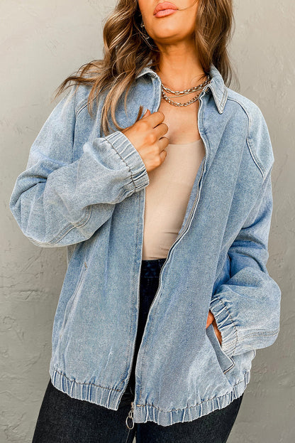 Myosotis Elastic Hem Collared Zip Up Denim Jacket