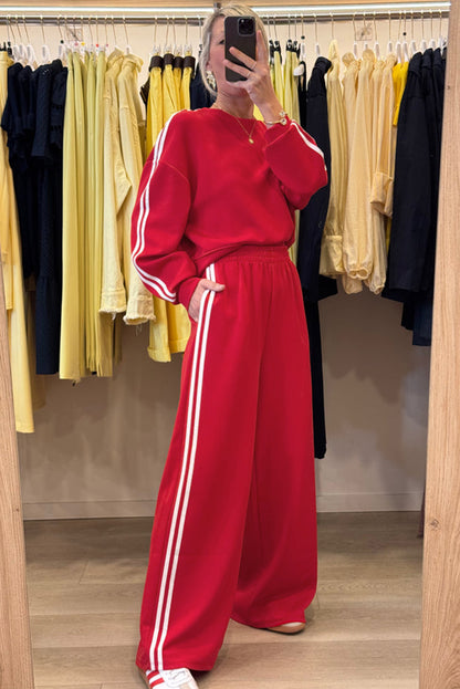 Black Varsity Striped Detail Cropped Pullover Wide Leg Pants 2pcs Outfit