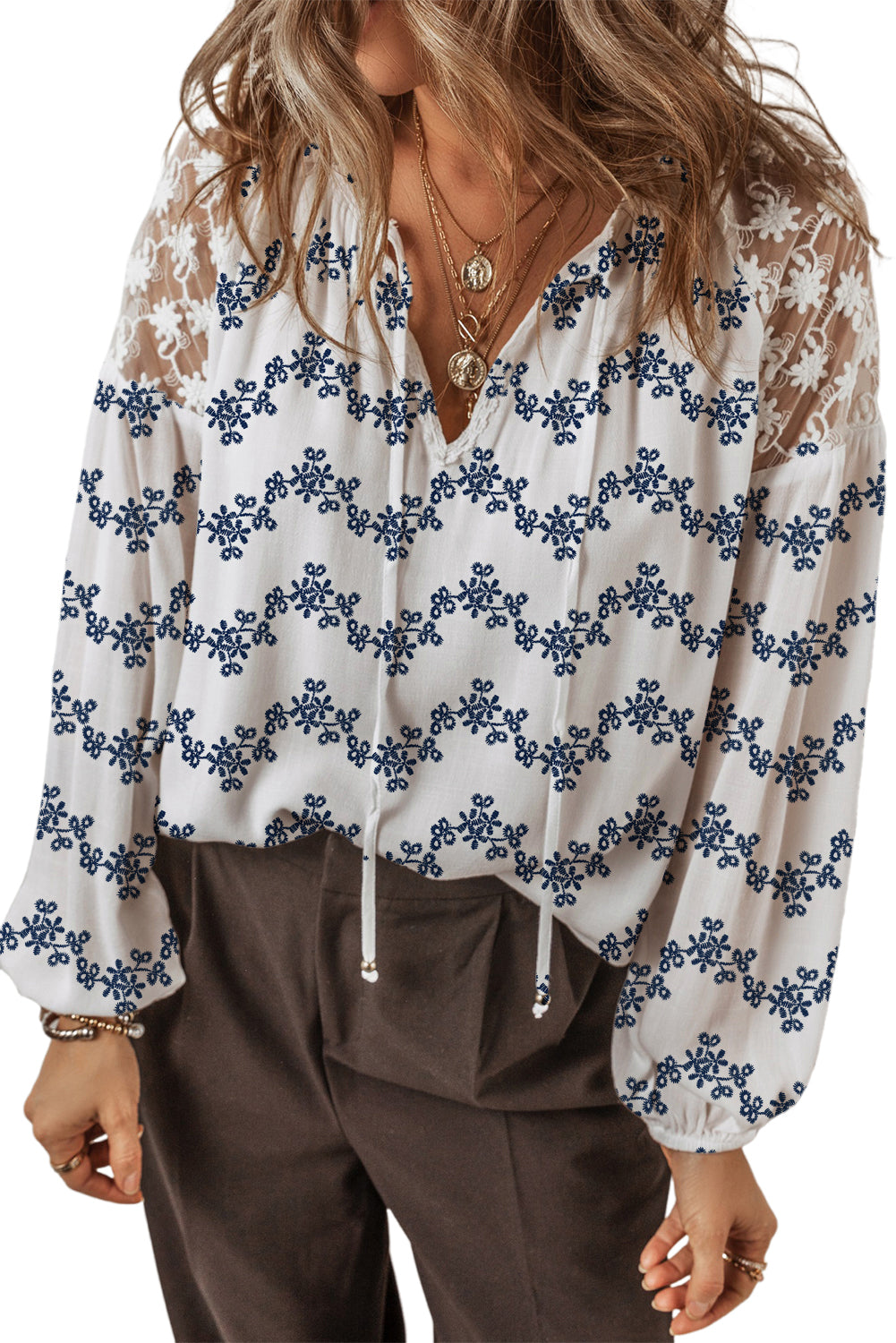Blue Lace Patchwork Floral Bubble Sleeve V Split Neck Blouse