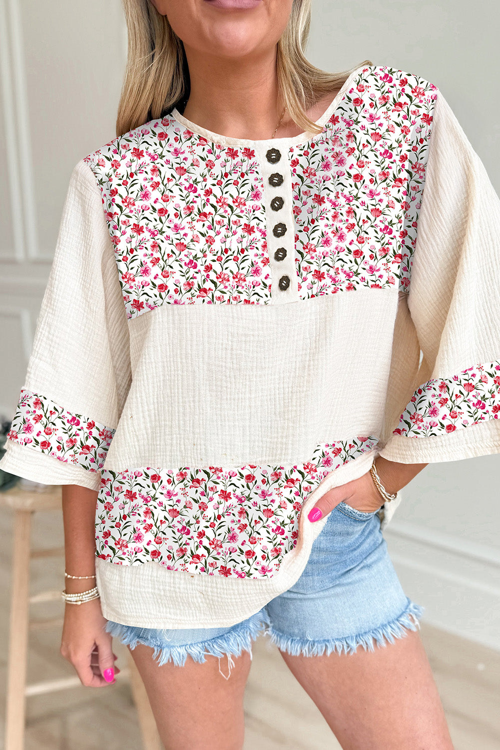 Sky Blue Floral Print Crinkle Patchwork Henley Blouse
