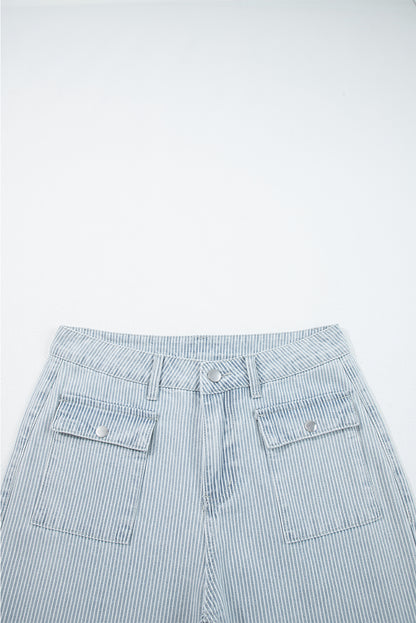 Sky Blue Striped Button Flap Pocket Cuffed Hem Wide Leg Jeans