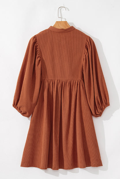 Gold Flame Light Snap Button Empire Waist Lantern Sleeve Corduroy Dress