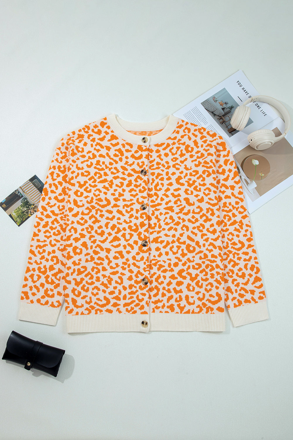 Khaki Leopard Drop Shoulder Knitted Cardigan