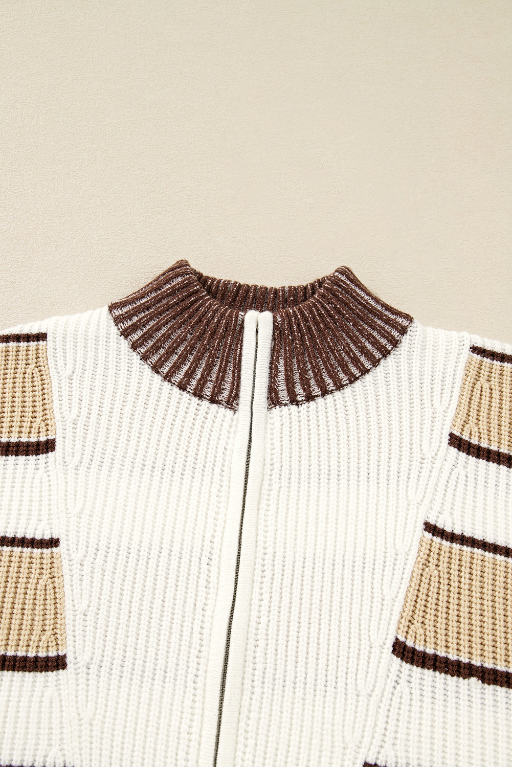 Khaki Striped Colorblock Zip Neck Knit Sweater