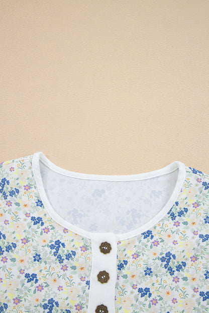 Sky Blue Floral Print Crinkle Patchwork Henley Blouse