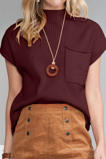 Dark Blue Patch Pocket Ribbed Knit Short Sleeve Sweater