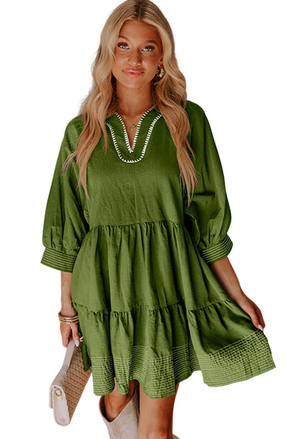 Black Contrast Stitched V Neck 3/4 Sleeve Swing Mini Dress
