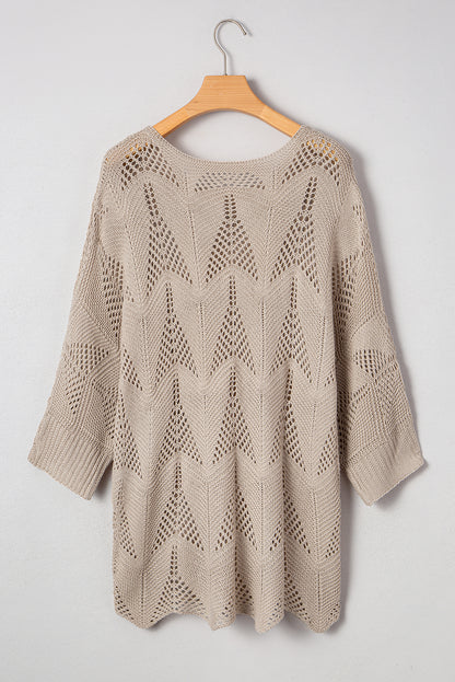 Navy Blue Hollow Out Knit 3/4 Sleeve Loose Sweater
