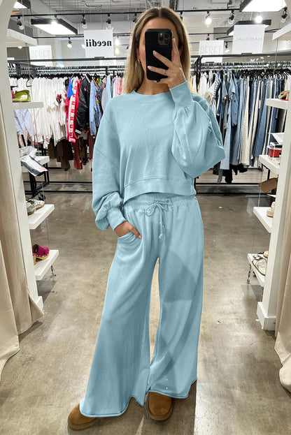 Light Pink Drop Shoulder Crop Pullover Drawstring Wide Leg Pants Set