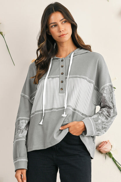 Gray Waffle Patchwork Drawstring Hooded Long Sleeve Top