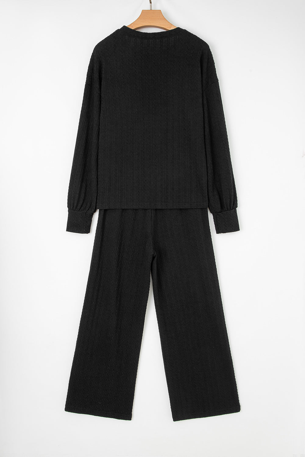 Black Textured Chest Pocket Drop Sleeve Top and Pants Set
