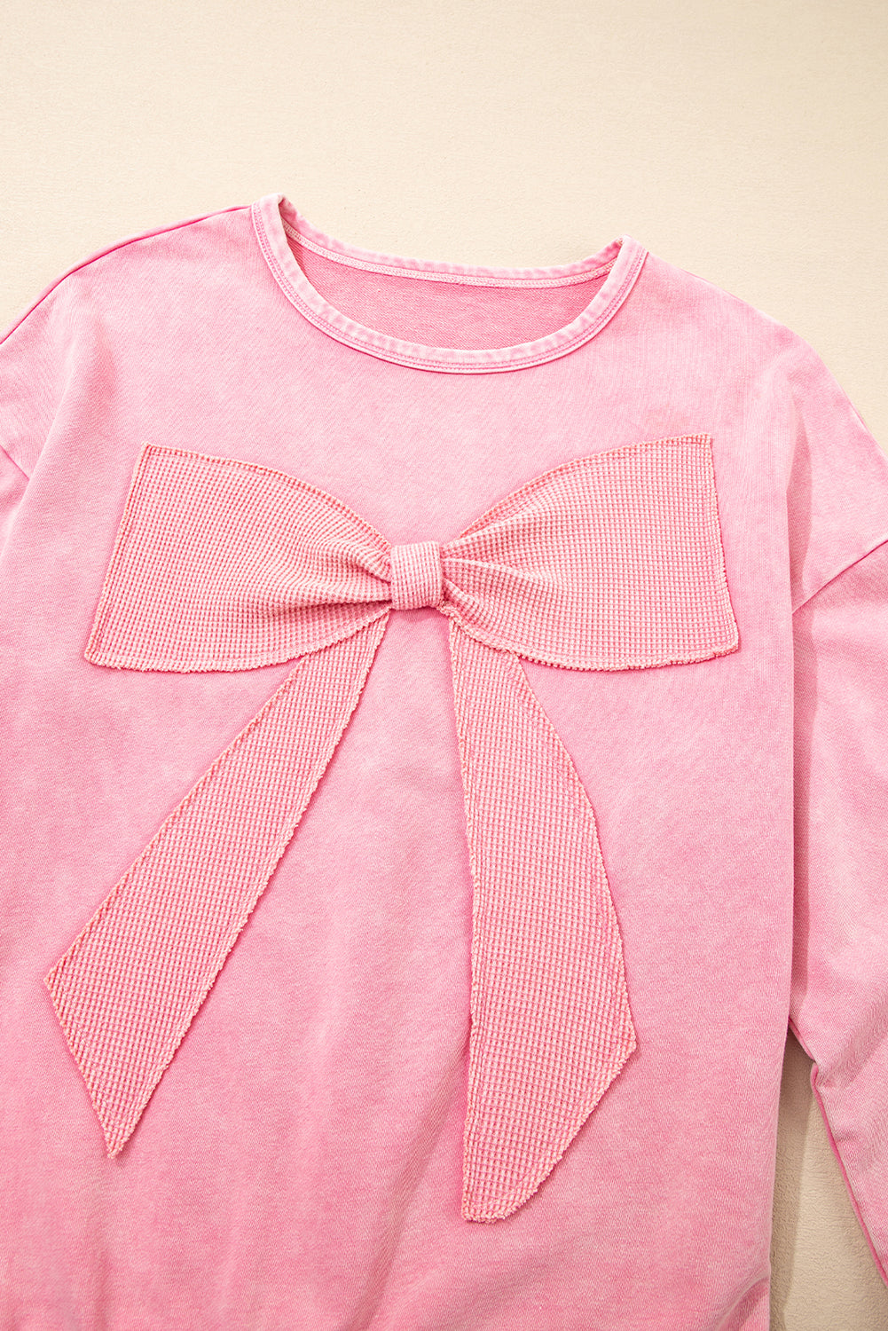 Light French Beige Mineral Wash Waffle Bow Patched Pullover Sweatshirt