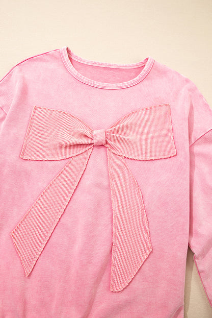 Light French Beige Mineral Wash Waffle Bow Patched Pullover Sweatshirt
