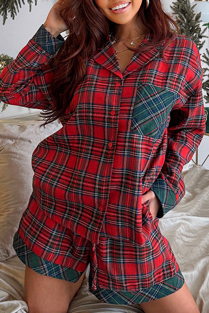 Red Plaid Contrast Color Christmas Holiday Long Sleeve Shirt and Shorts Pajama Set