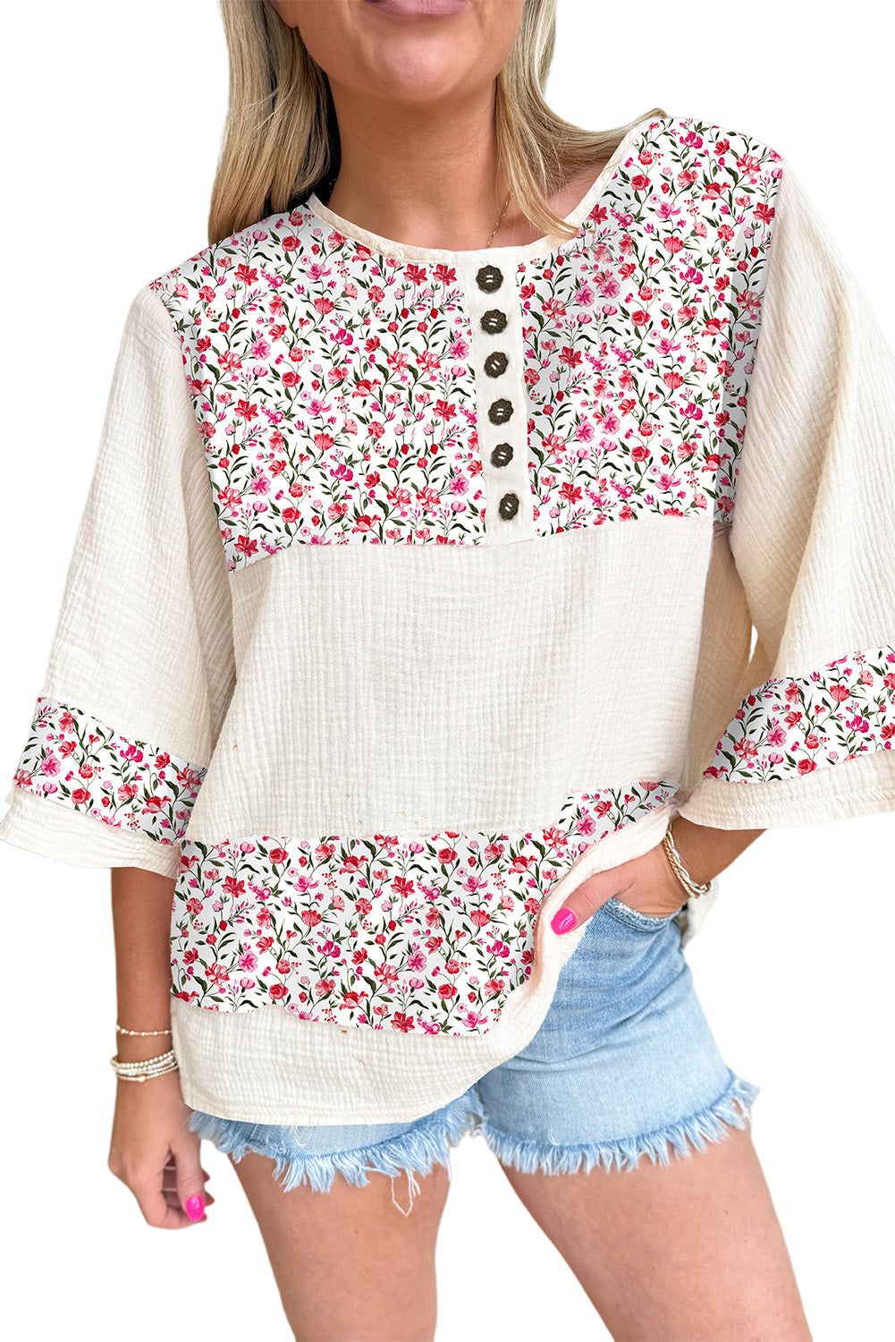 Sky Blue Floral Print Crinkle Patchwork Henley Blouse