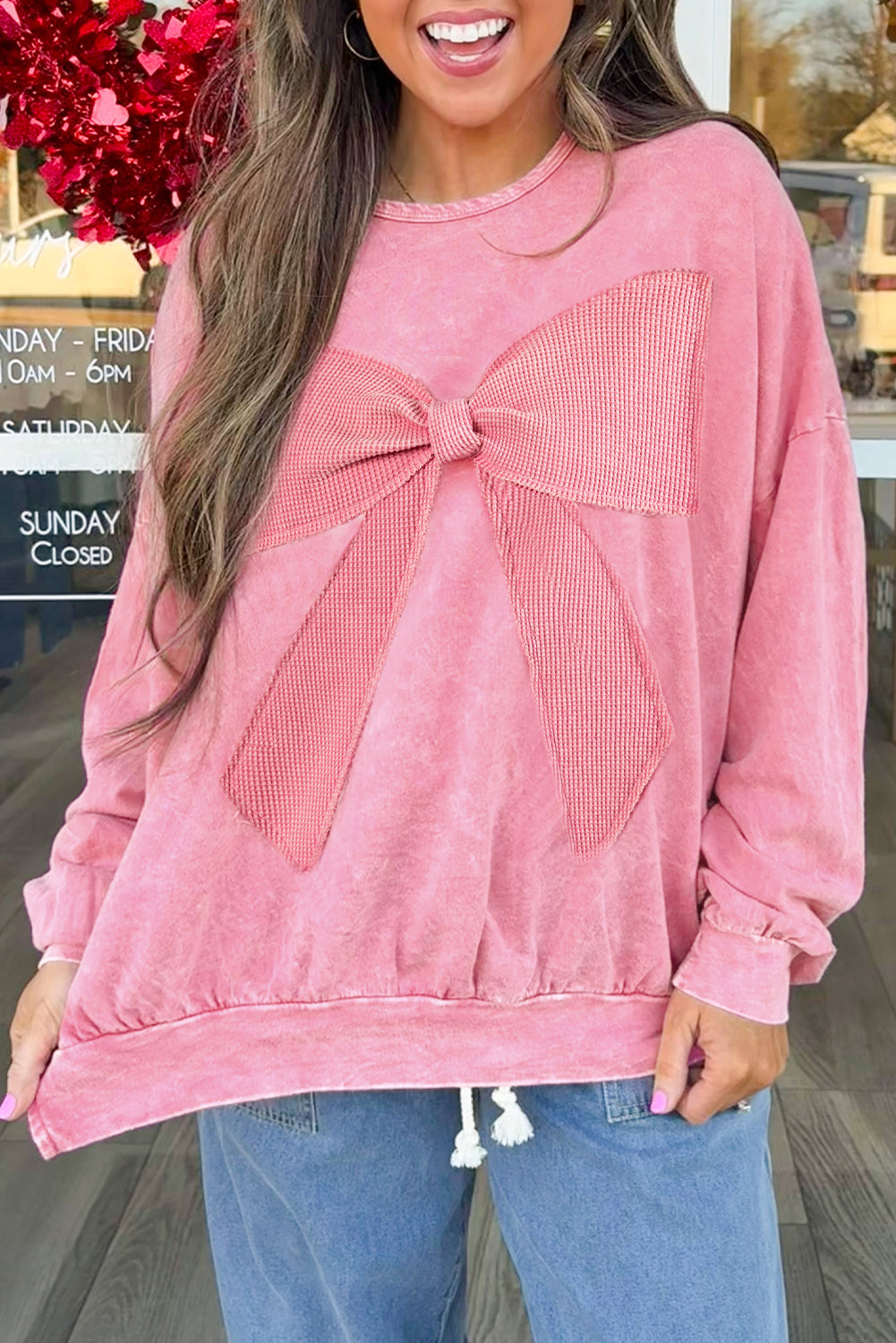 Light French Beige Mineral Wash Waffle Bow Patched Pullover Sweatshirt