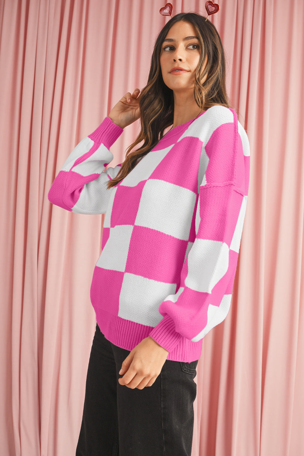 Dark Brown Plaid Bishop Sleeve Pullover Sweater