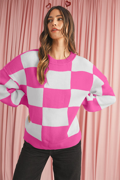 Dark Brown Plaid Bishop Sleeve Pullover Sweater